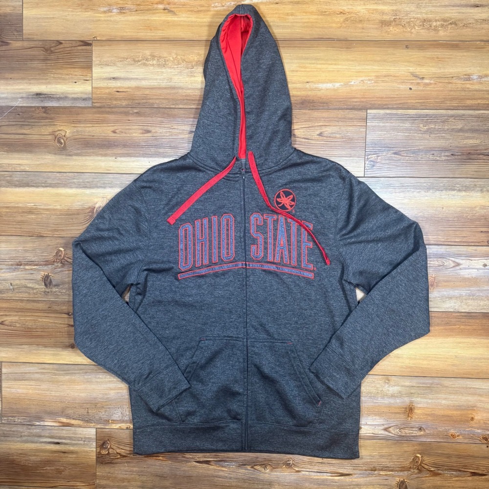 Ohio State Buckeyes Mens Medium Full Zip Hoodie Charcoal Gray Red OSU Sweatshirt